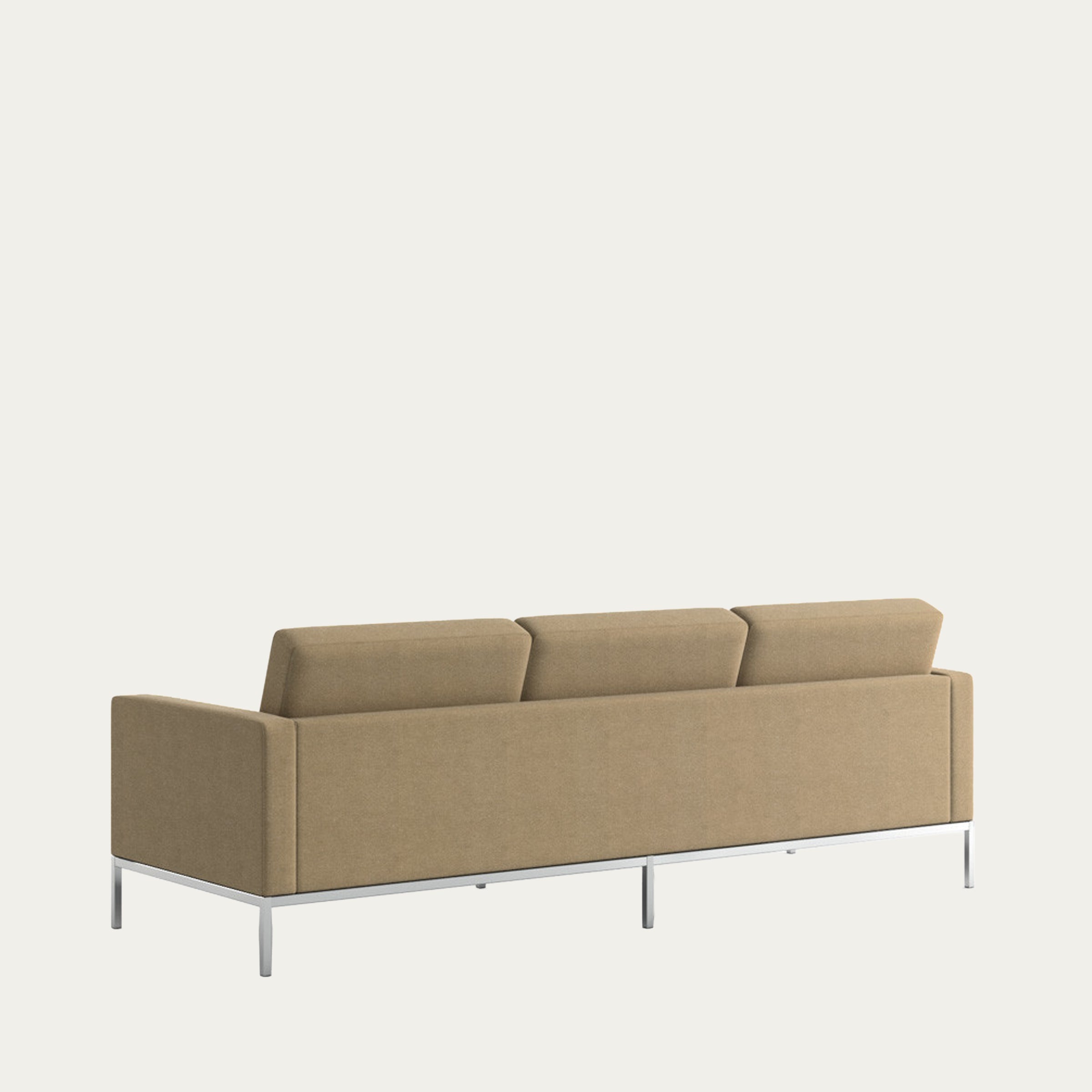 Rückansicht des dreisitzigen Florence Knoll Sofas von 1954 in beige-braunem Stoff mit minimalistischem Metallgestell