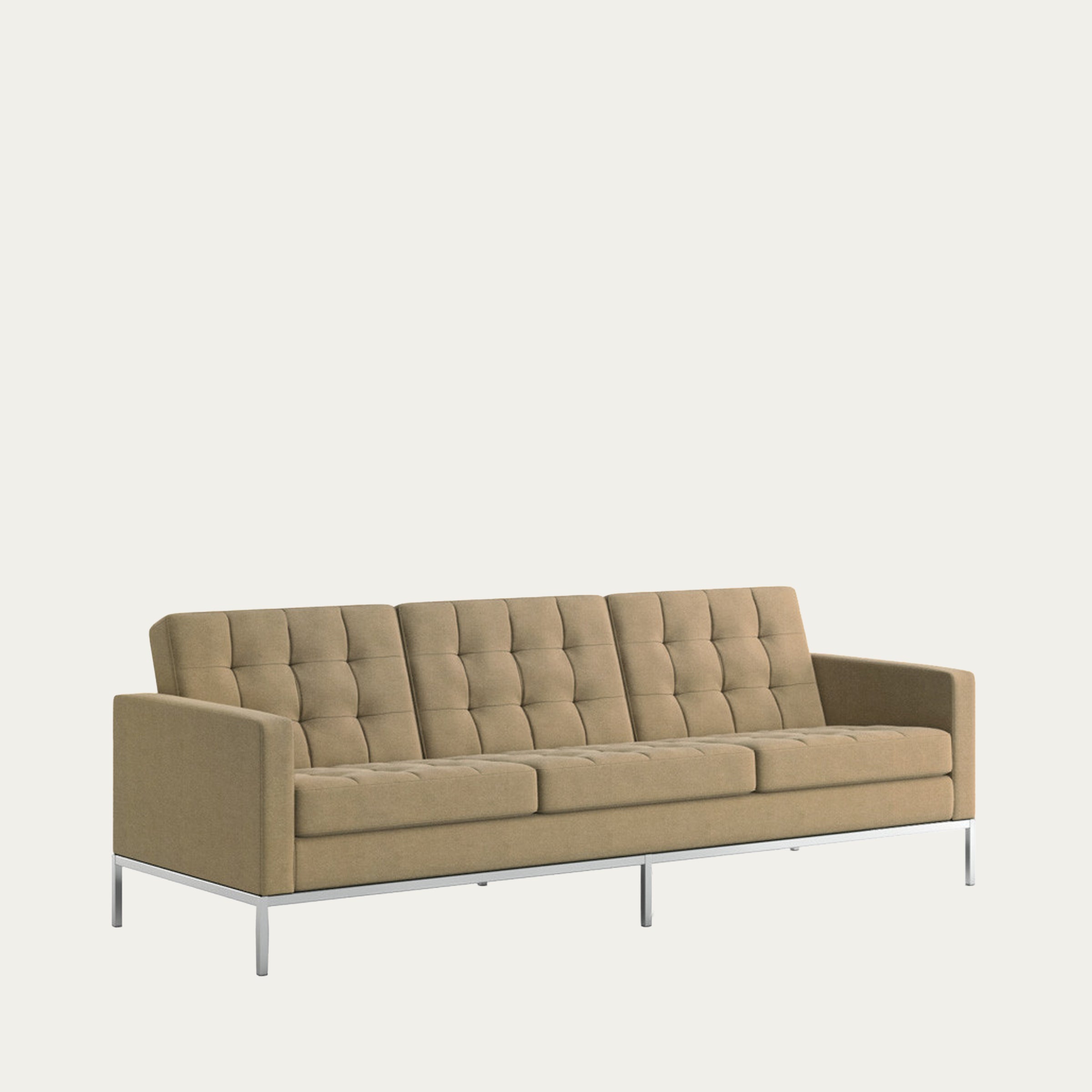 Dreisitziges Florence Knoll Sofa von 1954 in beige-braunem Stoff mit getufteten Rückenlehnen und Metallgestell