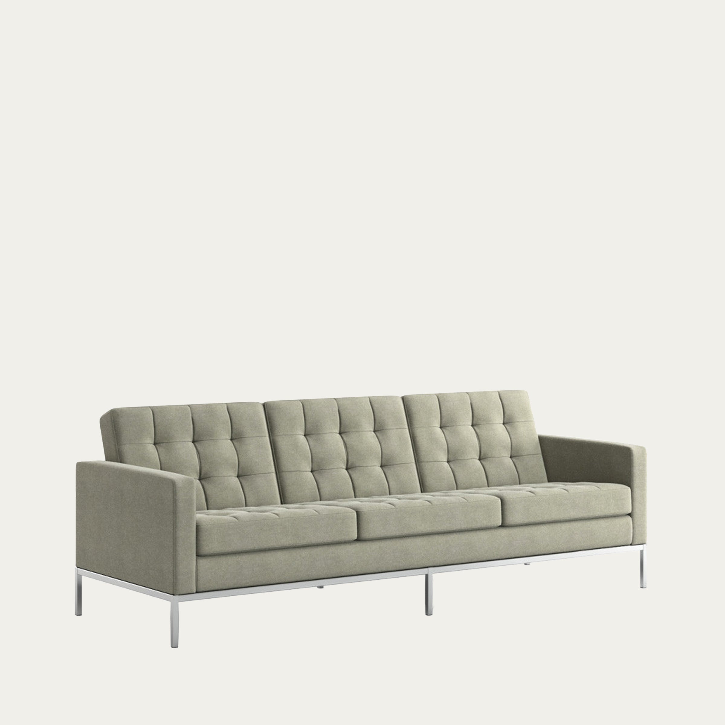 Dreisitziges Florence Knoll Sofa von 1954 in hellgrauem Stoff mit typischer Knopfheftung und schlankem Metallgestell