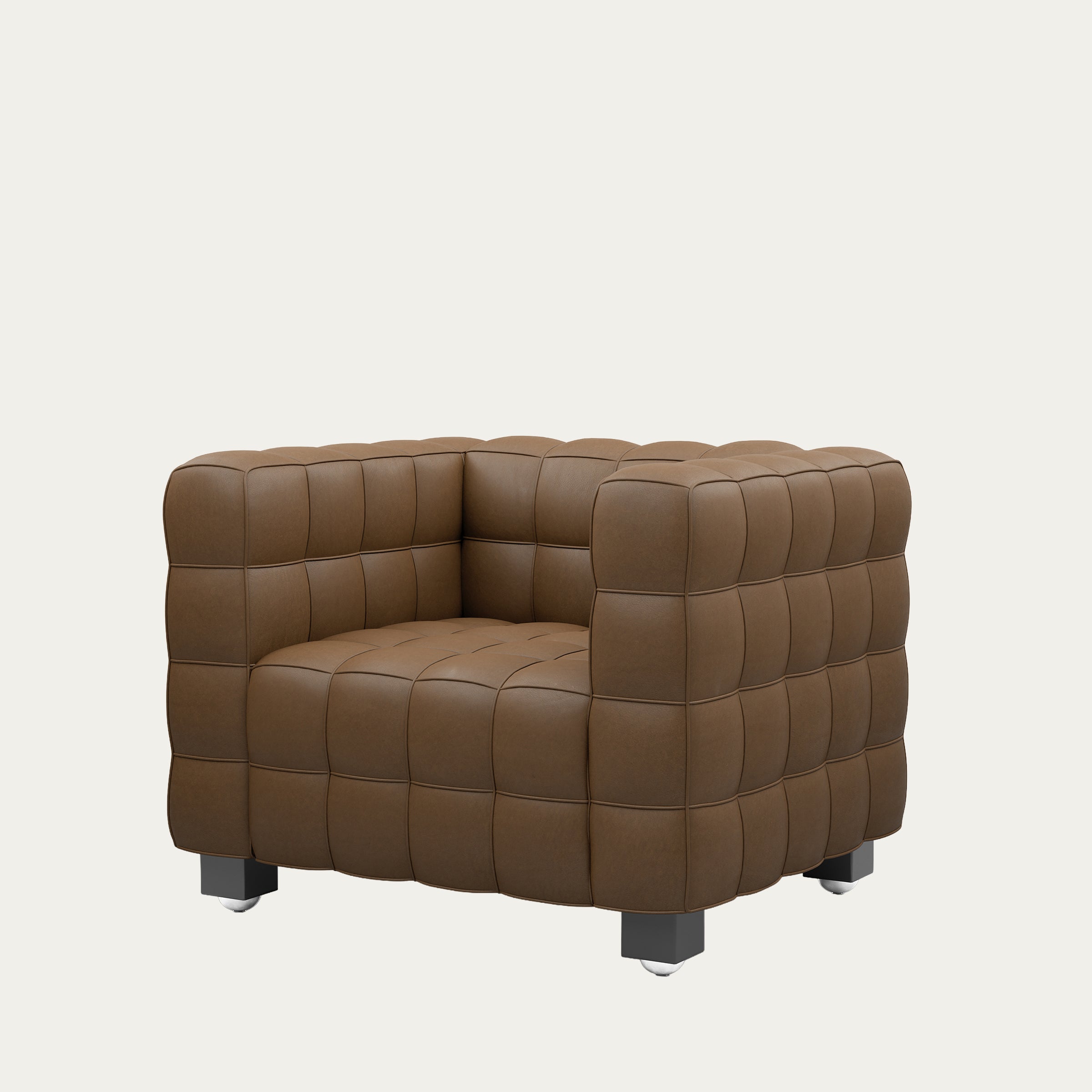 Mittelbrauner Kubus Sessel von Josef Hoffmann mit quadratischer Polsterstruktur und Lederbezug