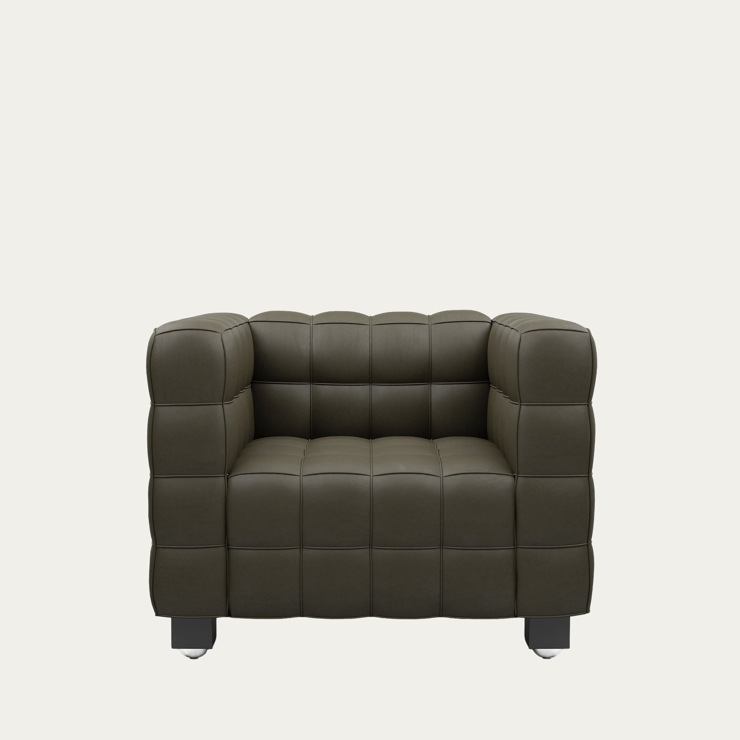 Olivgrüner Kubus Sessel von Josef Hoffmann mit charakteristischem kubischem Lederpolster