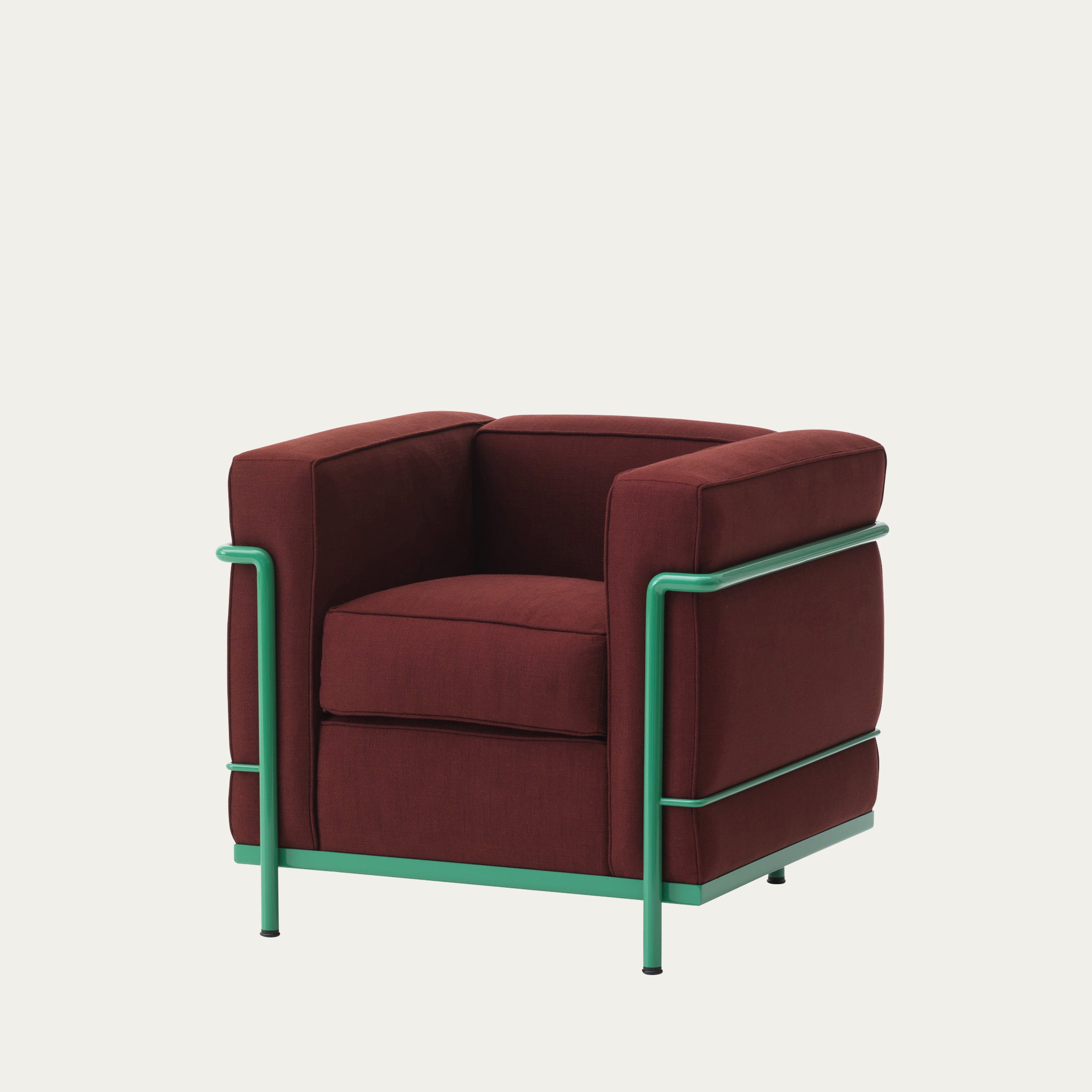 Bordeauxfarbener LC2 Petit Modèle Sessel von Le Corbusier mit Stoffbezug und grün lackiertem Stahlgestell
