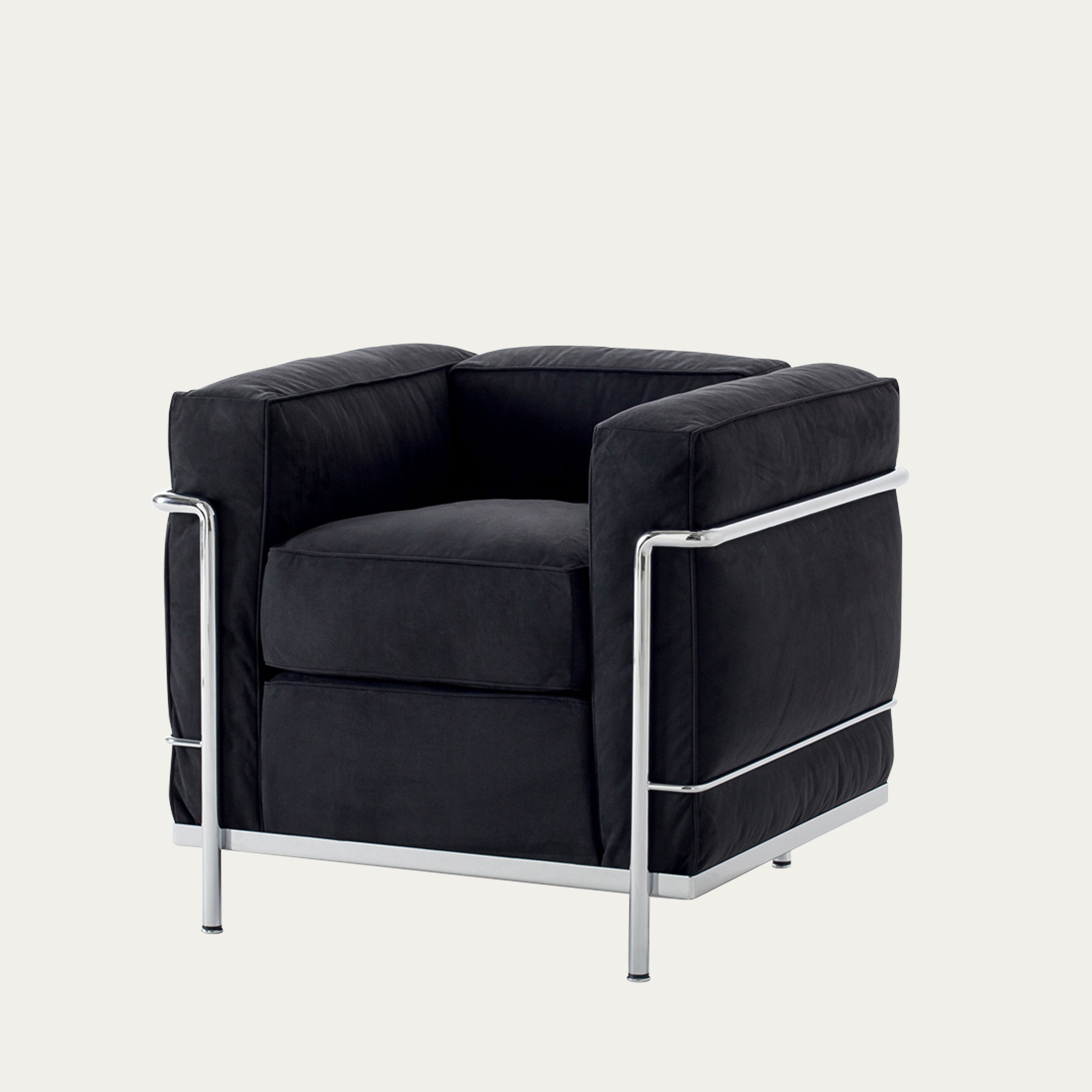Dunkelgrauer LC2 Petit Modèle Sessel von Le Corbusier mit Stoffbezug und verchromtem Gestell