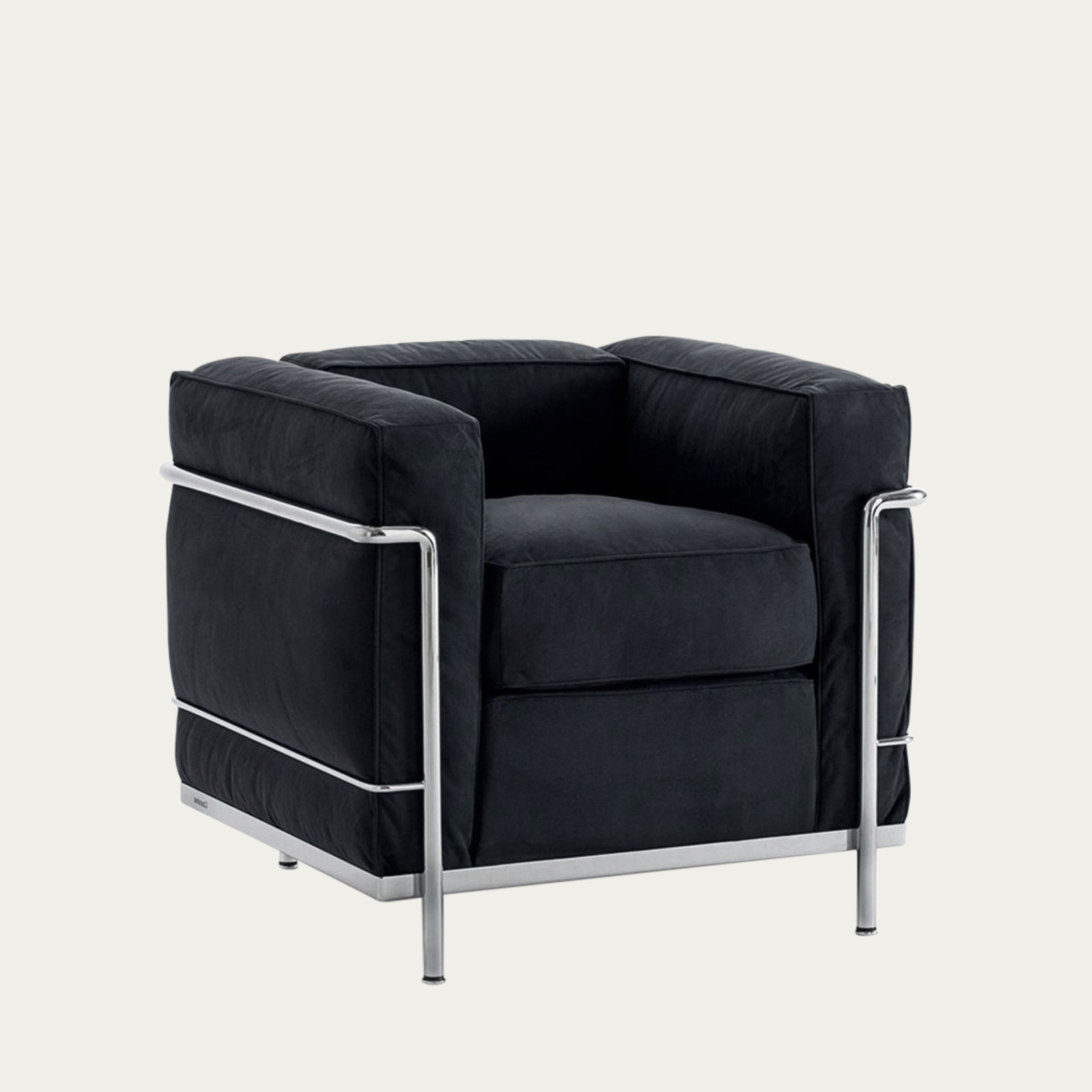 LC2 Petit Modèle Sessel von Le Corbusier mit mattschwarzem Stoffbezug und verchromtem Stahlgestell