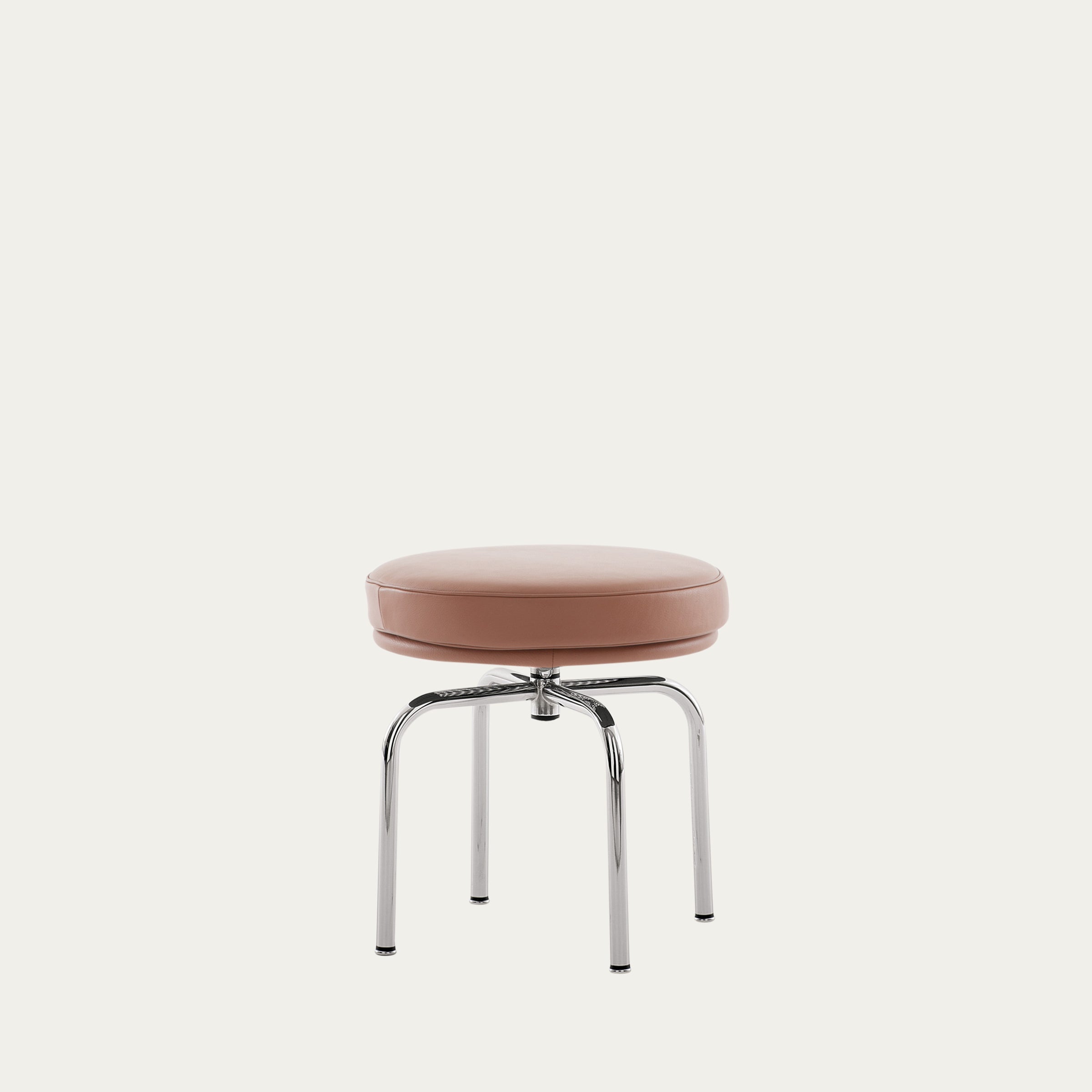 Runder LC8 Drehhocker von Le Corbusier mit rosafarbenem Lederpolster und verchromten Stahlbeinen