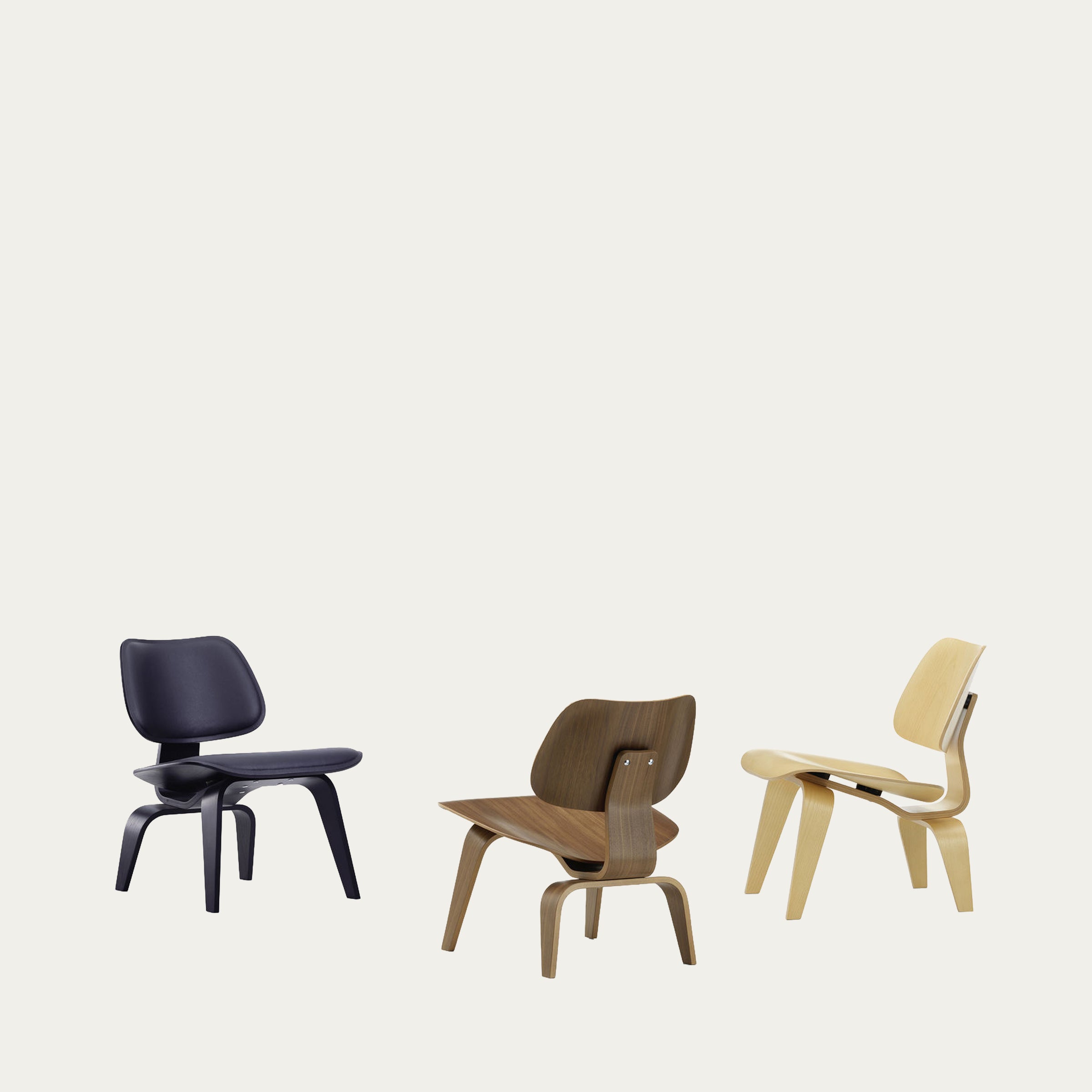 LCW Stuhl von Charles & Ray Eames im Ensemble mit verschiedenen Holz- und Farbvarianten, Designklassiker von 1945