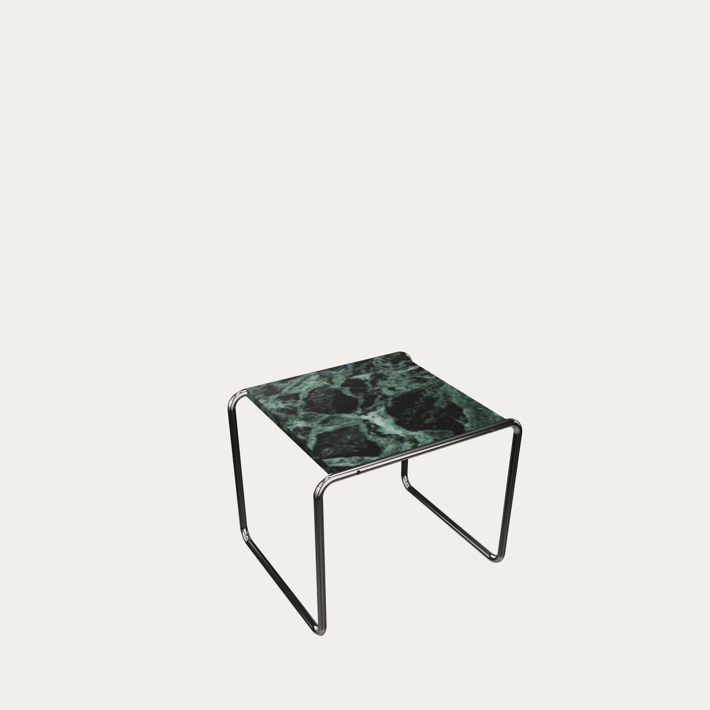 Laccio Tisch von Marcel Breuer mit dunkelgrün marmorierter Tischplatte und verchromtem Stahlrohrgestell
