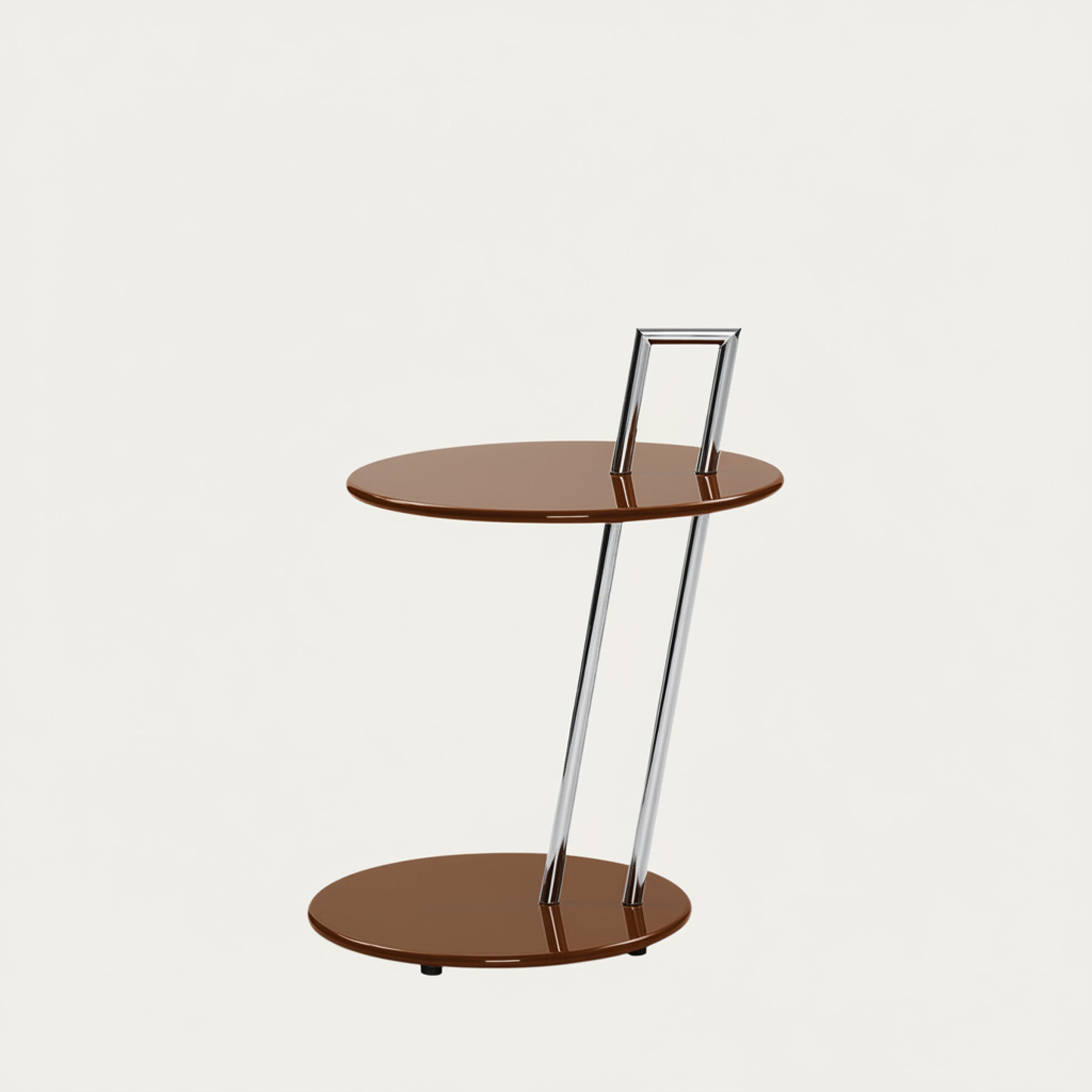 Occasional Table von Eileen Gray 1927 mit brauner Hochglanz-Tischplatte und schrägem Stahlrohrgestel