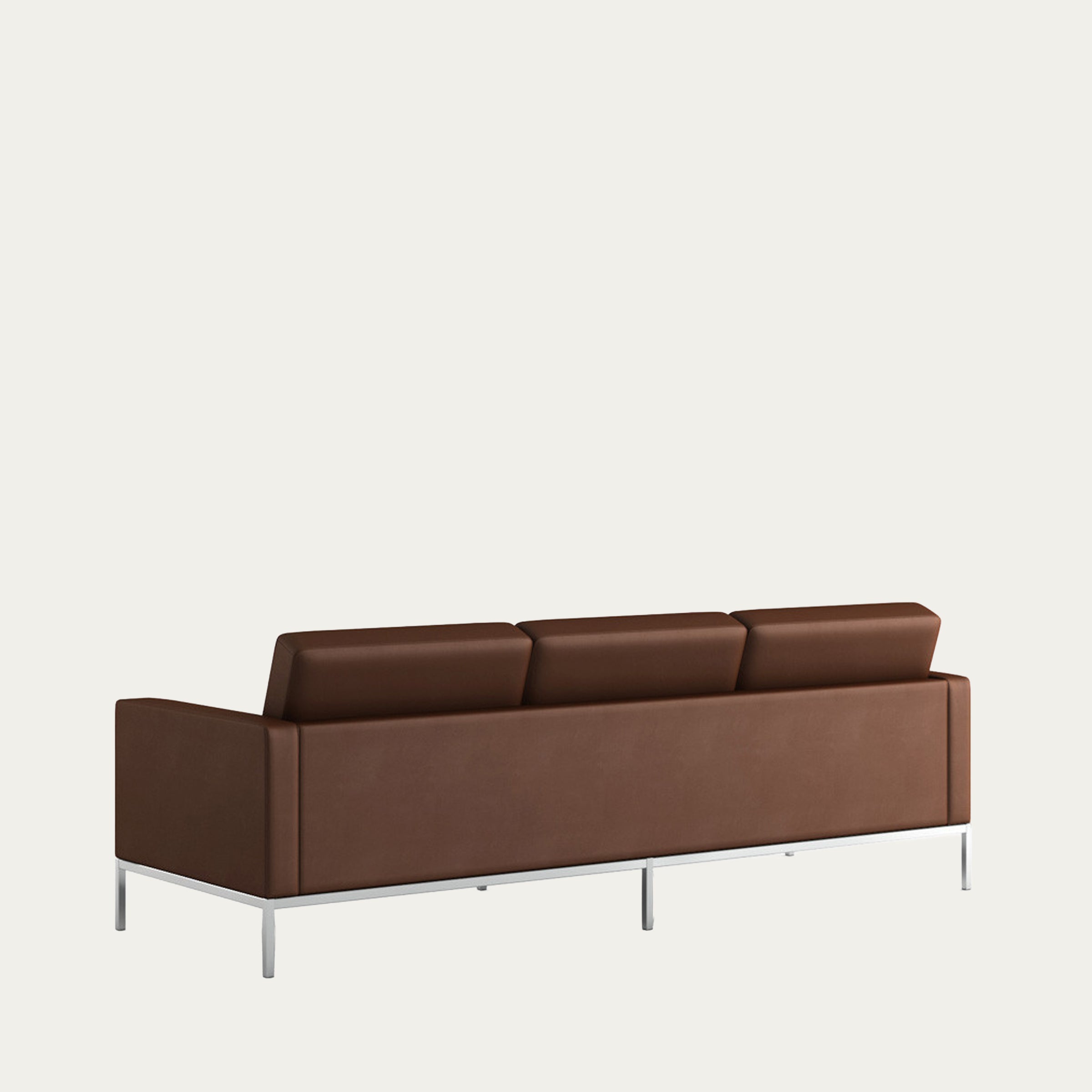 Rückseite des Florence-Knoll-Sofas von 1954 aus braunem Leder mit klaren Linien und schmalem Metallgestell