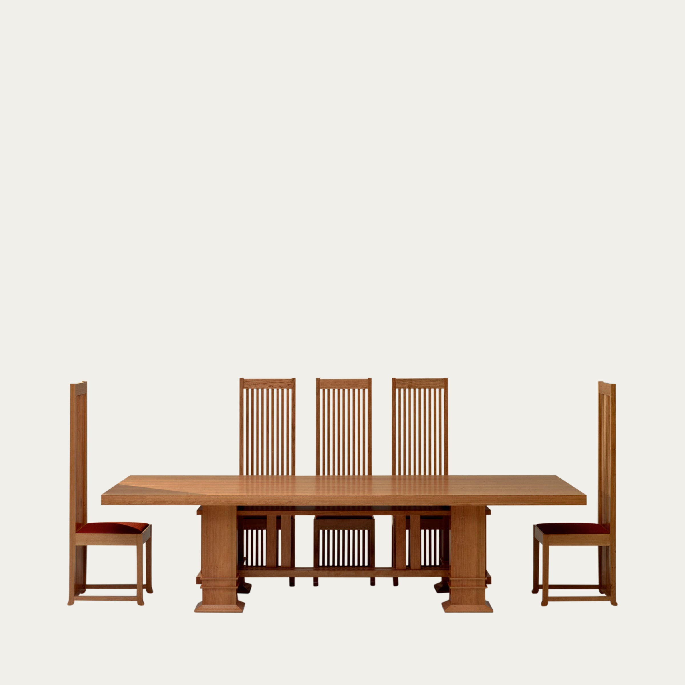 Hoher Robie 1 Stuhl von Frank Lloyd Wright aus Holz, mit vielen vertikalen Streben in der Rückenlehne und dunkel gepolstertem Sitz