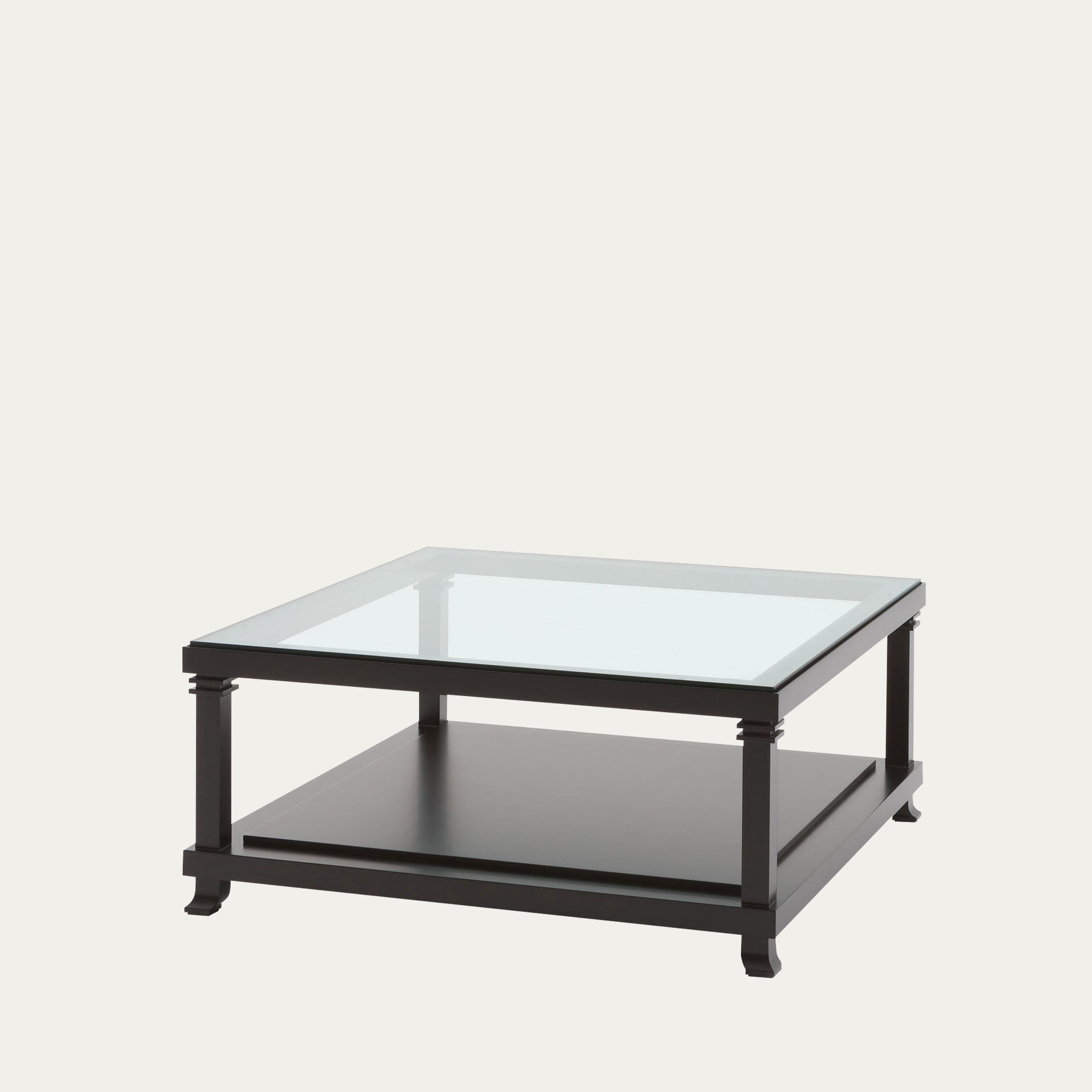 Quadratischer Robie 2 Couchtisch von Frank Lloyd Wright mit transparenter Glasplatte und schwarzem Holzgestell