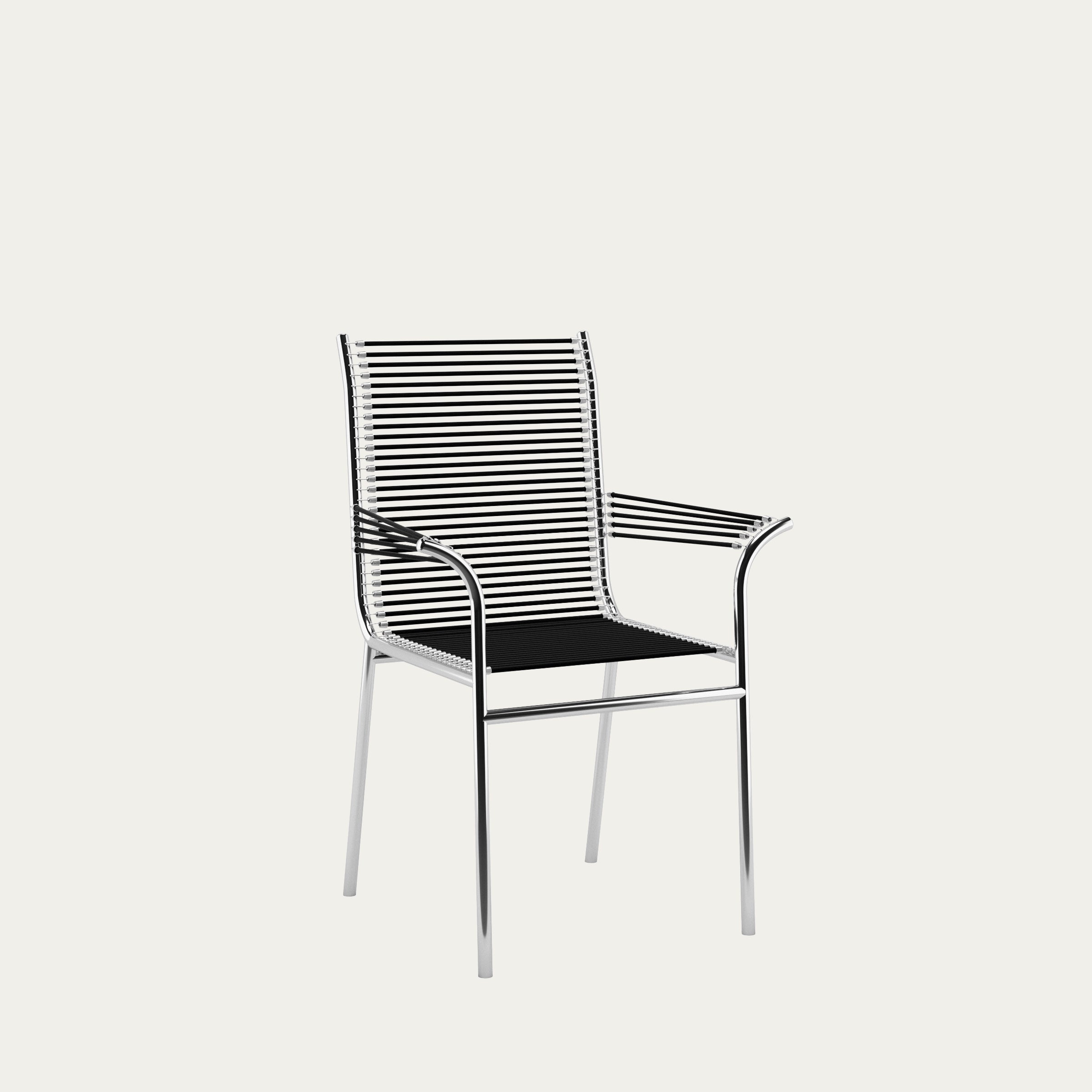 Seitenansicht des Sandows Stuhls mit Armlehnen von René Herbst, Stahlrohrgestell mit schwarzen elastischen Schnüren