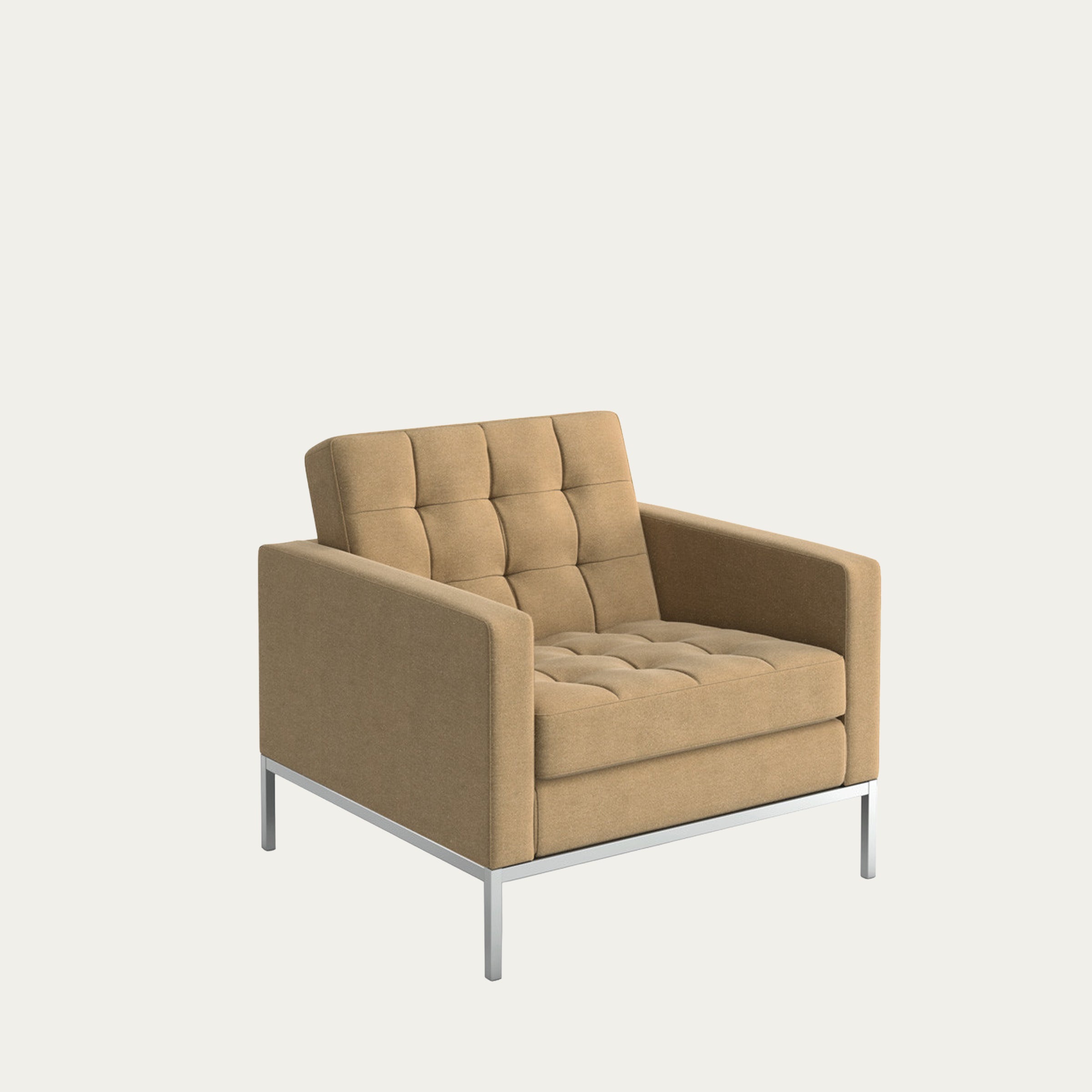 Beiger Florence-Knoll-Sessel von 1954 mit kubischer Form, gepolstertem Sitz und schlankem Metallrahmen