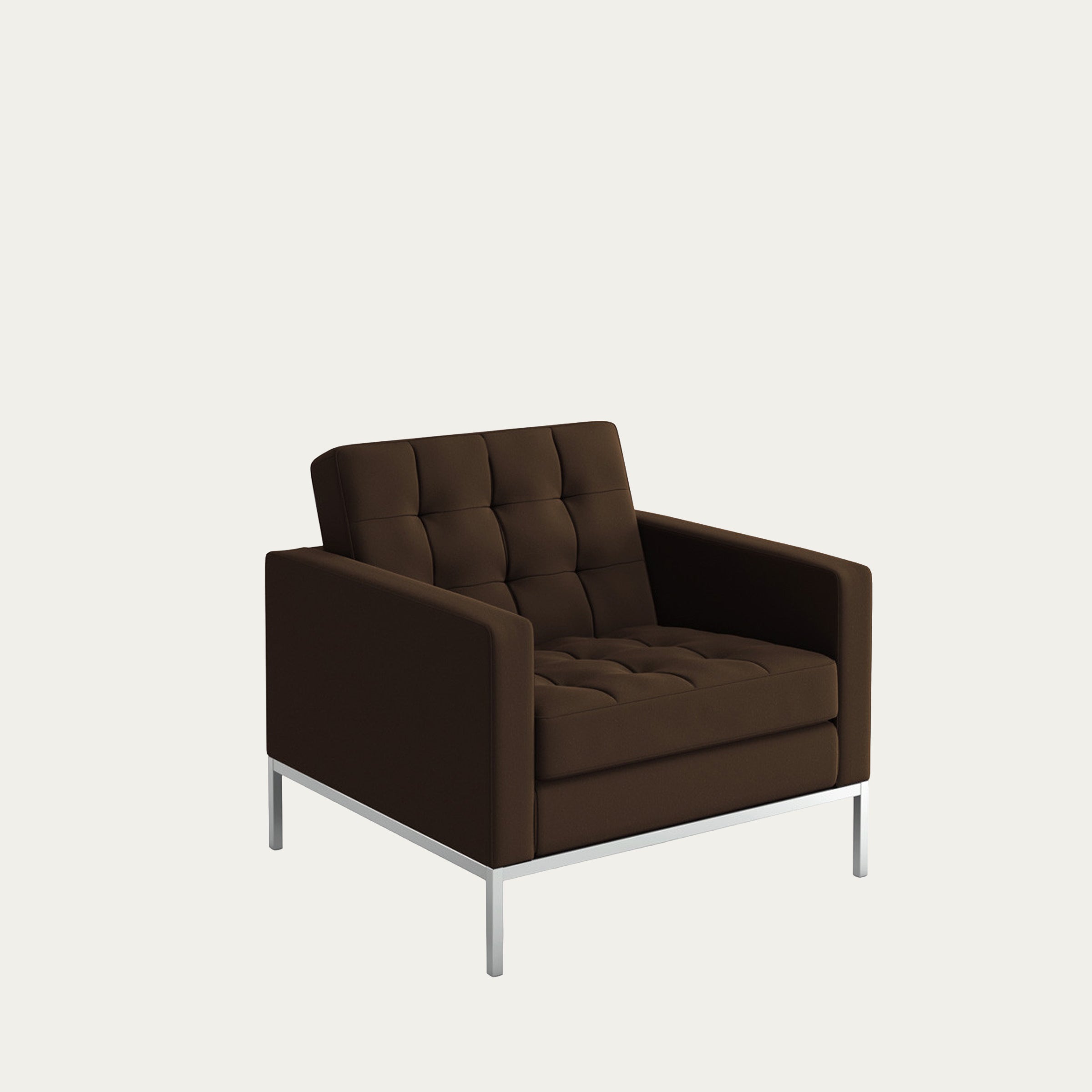 Dunkelbrauner Florence-Knoll-Sessel von 1954 mit kubischer Form, Knopfsteppung und schlankem Metallgestell
