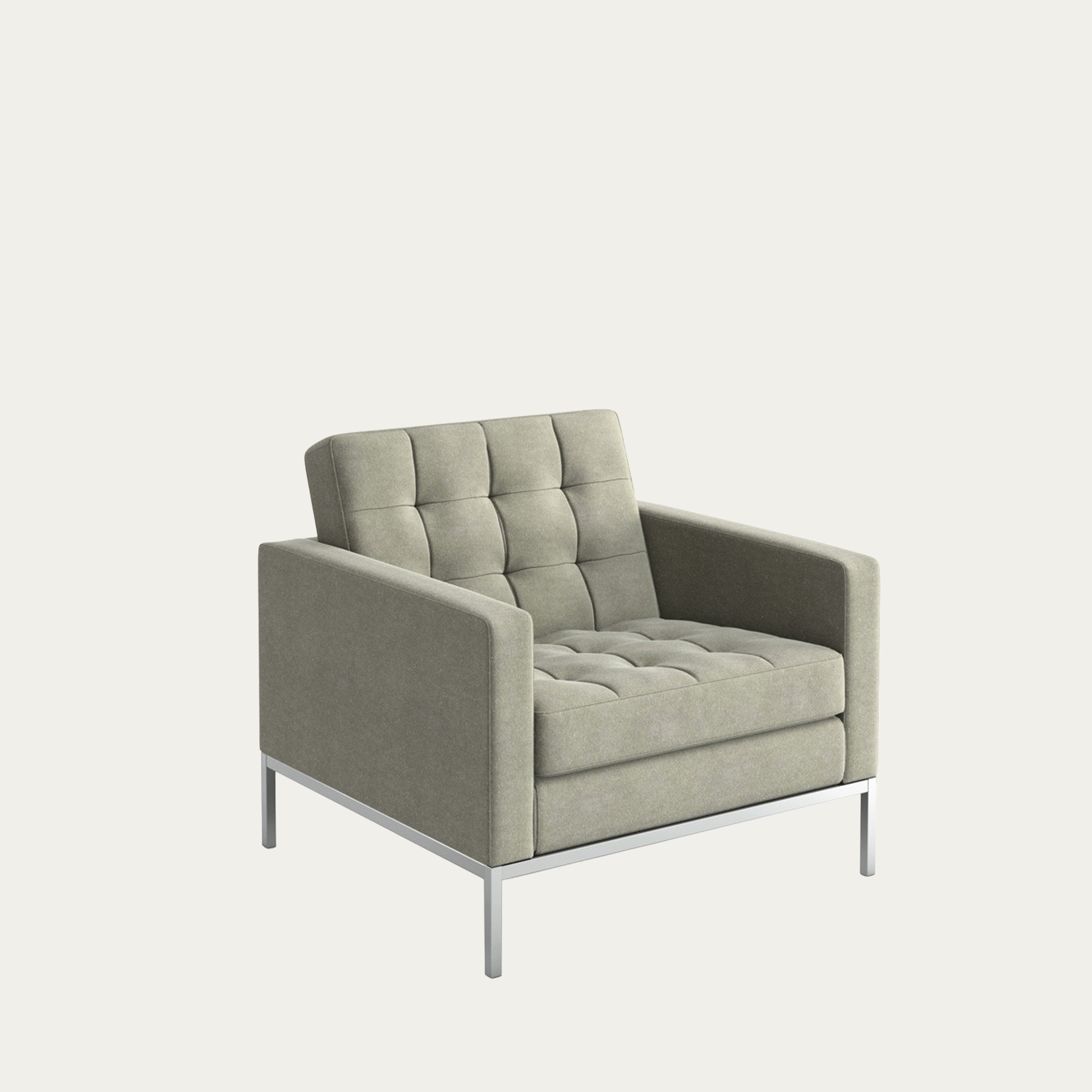 Hellgrauer Florence-Knoll-Sessel von 1954 mit klaren Linien, quadratischer Form und dezenter Knopfsteppung