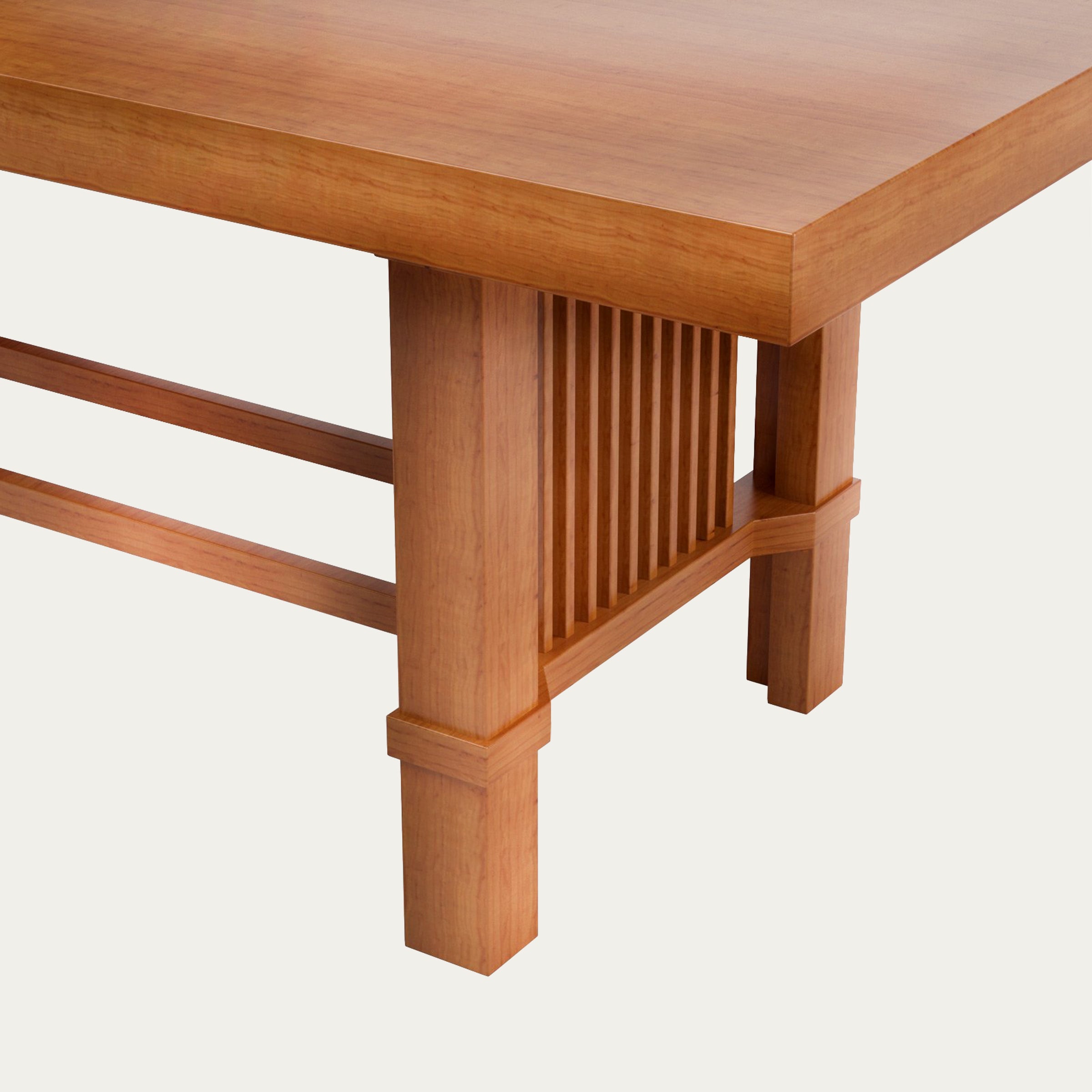 Detailaufnahme des Taliesin Tisches mit Fokus auf das Holzgestell und die massive Tischplatte