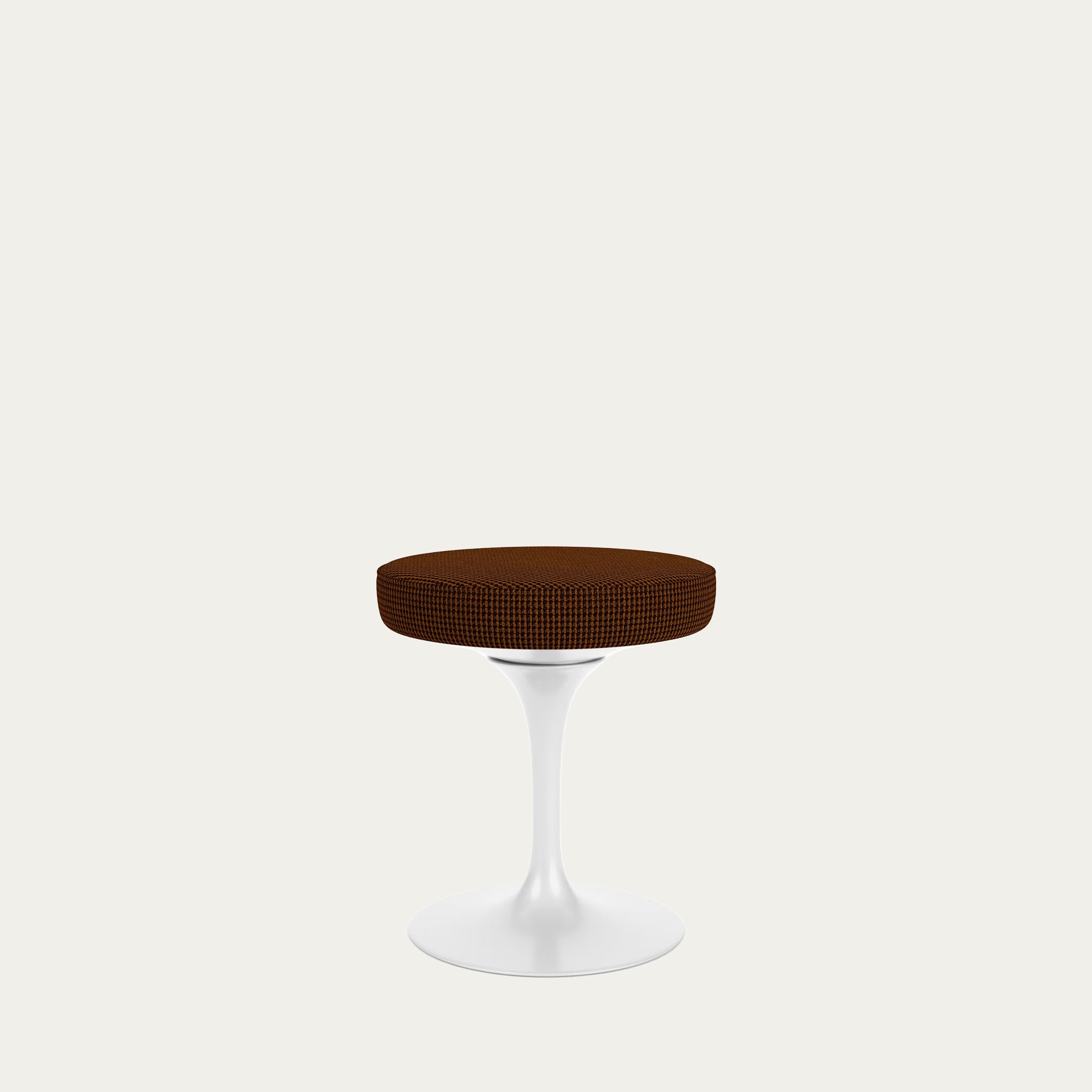 Tulip Stool von Eero Saarinen 1957 mit dunkel gepolstertem Sitz aus Stoff und weiß lackiertem Aluminiumfuß
