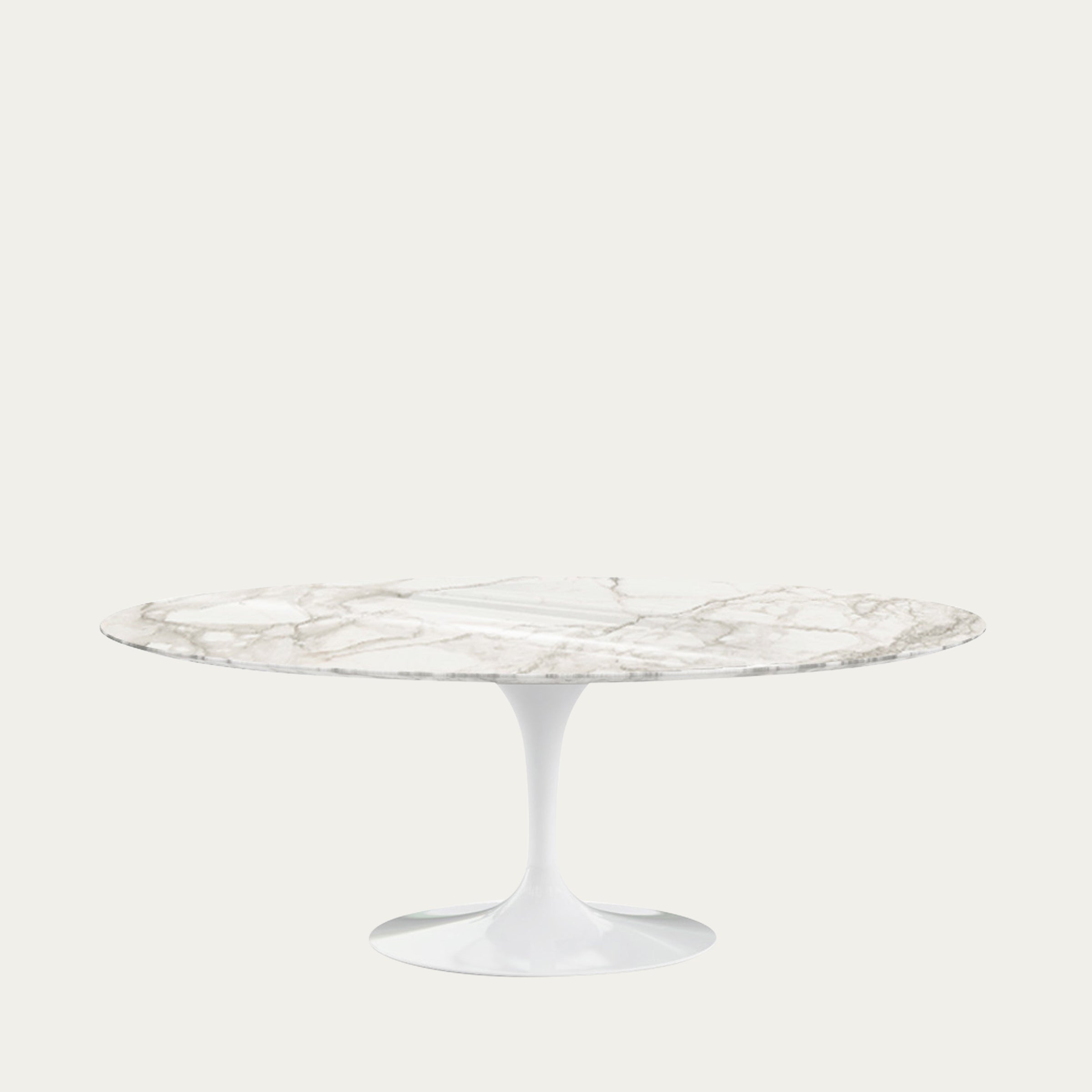 Design-Tisch mit brauner Marmorplatte und weißem Tulpenfuß